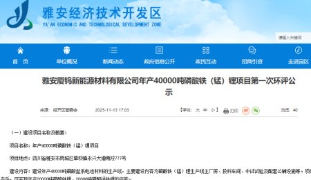 總投資30億元！年產4萬噸磷酸鐵（錳）鋰項目環評公示